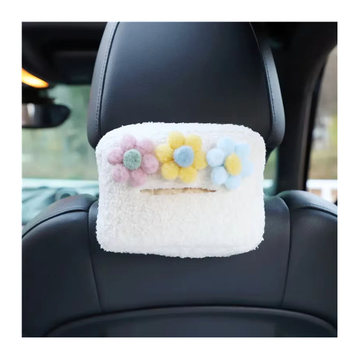 Hängender Plüsch Auto-Organizer mit floralem Design für die Kopfstütze als Tissue Box und Papierhalter in Weiß - Bild 3