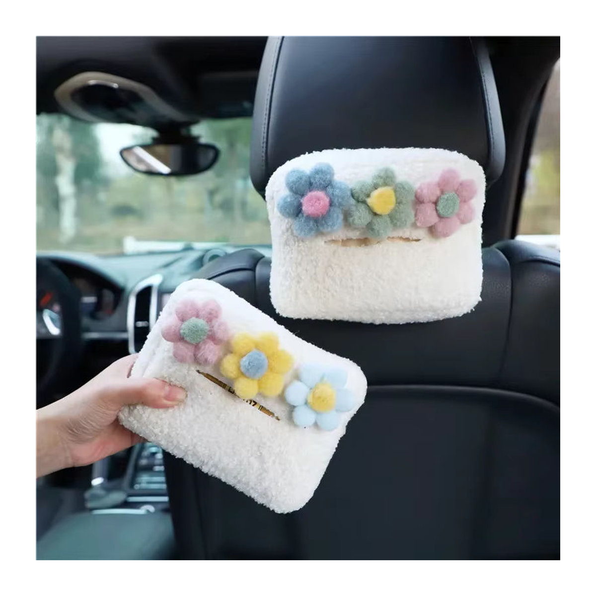 Hängender Plüsch Auto-Organizer mit floralem Design für die Kopfstütze als Tissue Box und Papierhalter in Weiß - Bild 4
