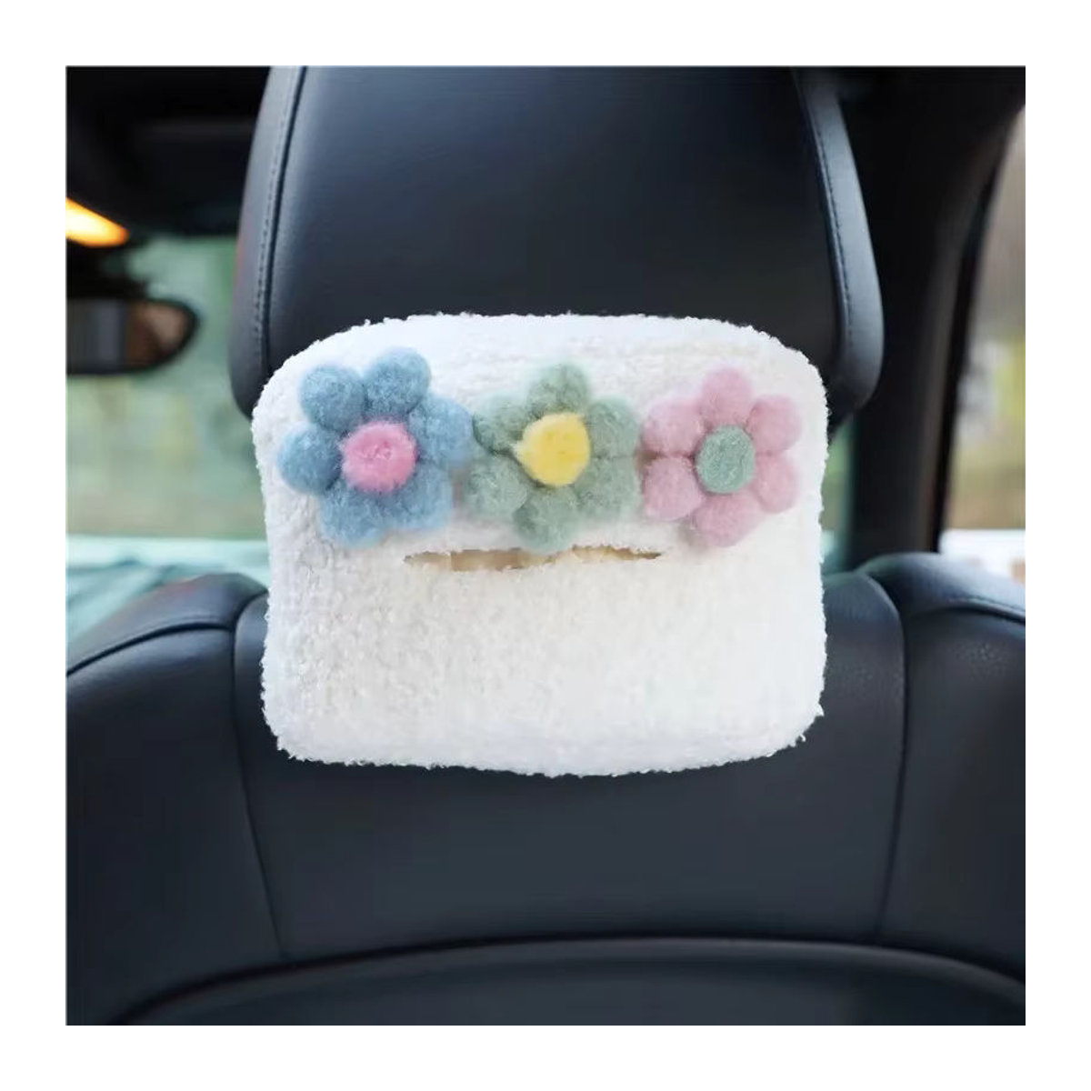 Hängender Plüsch Auto-Organizer mit floralem Design für die Kopfstütze als Tissue Box und Papierhalter in Weiß - Bild 5
