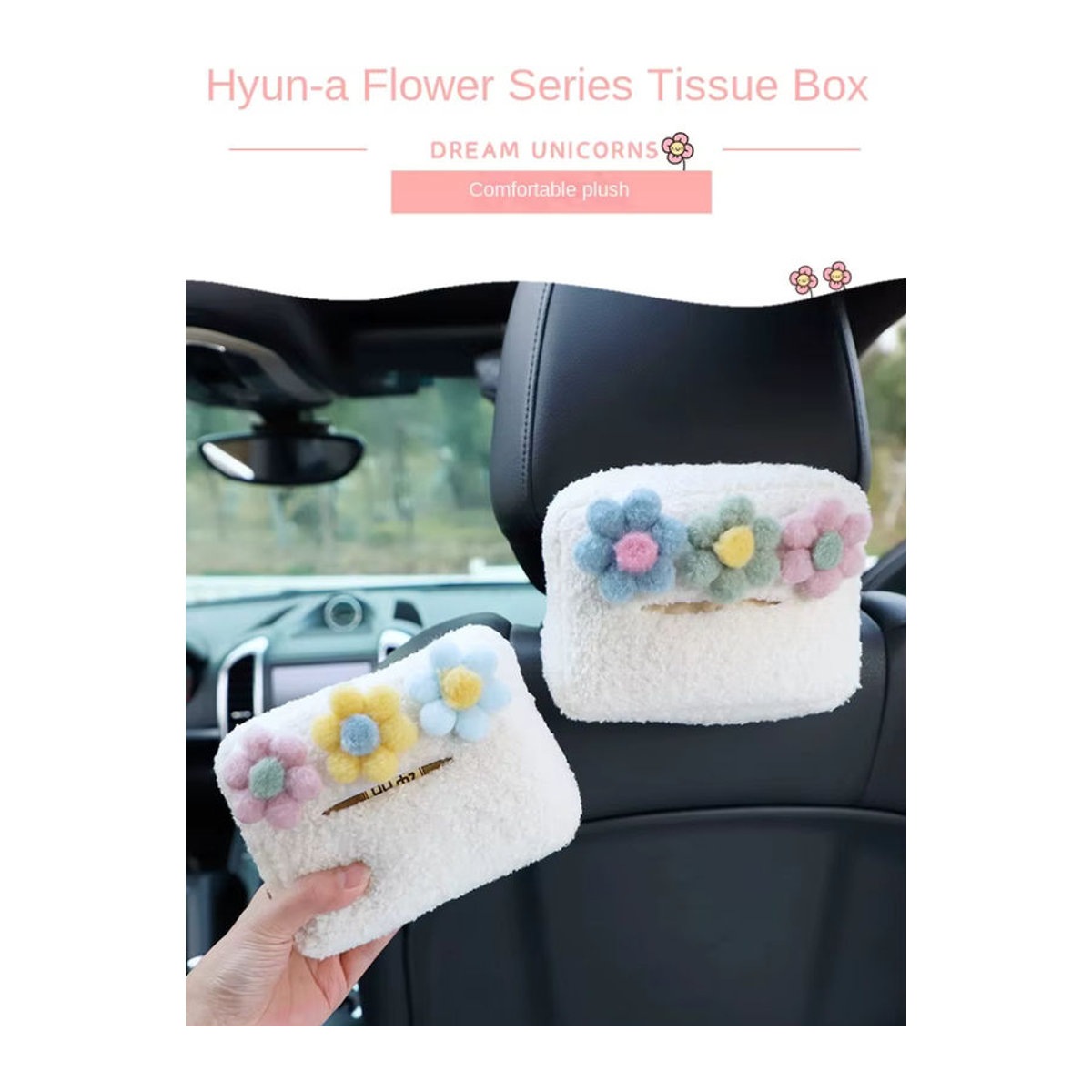 Hängender Plüsch Auto-Organizer mit floralem Design für die Kopfstütze als Tissue Box und Papierhalter in Weiß - Bild 7
