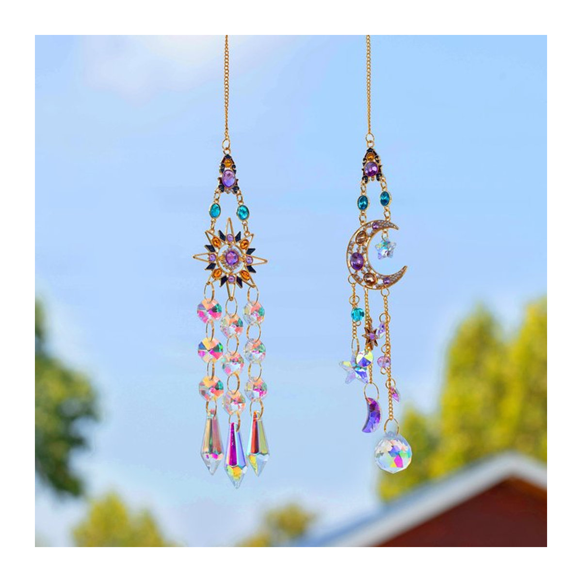 Hängender Sonnenfänger aus Glas und Kristall mit Mond- und Eiszapfen-Prismen in Mehrfarbig im Bohemian-Stil - Bild 1