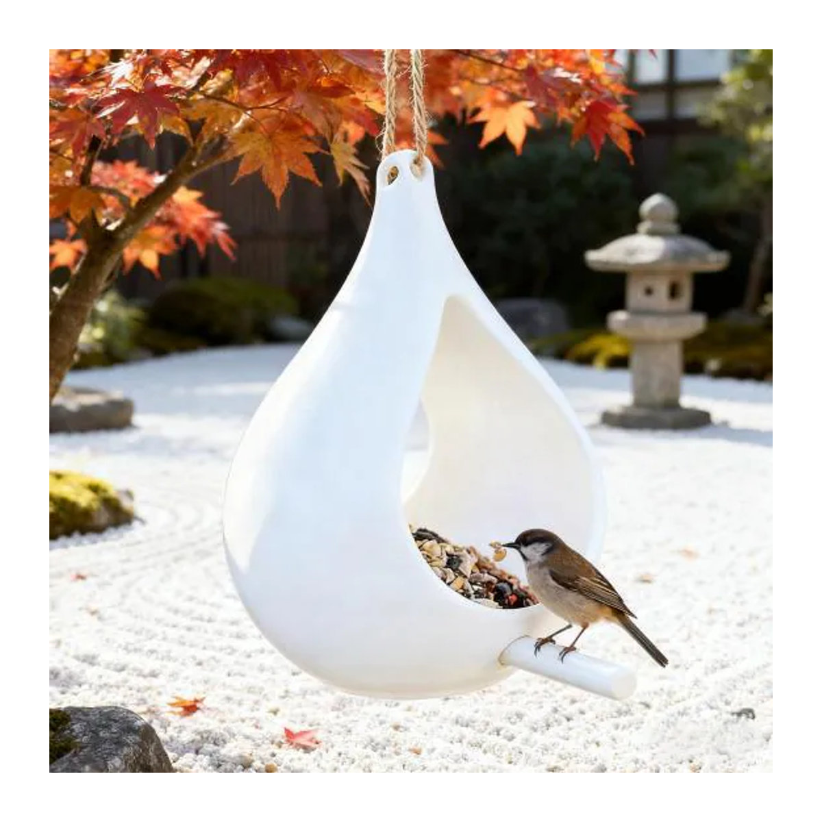 Hängender Vogelfutterspender in Tropfenform mit Sitzstange für Garten und Balkon in Obsidian Grün - Bild 2