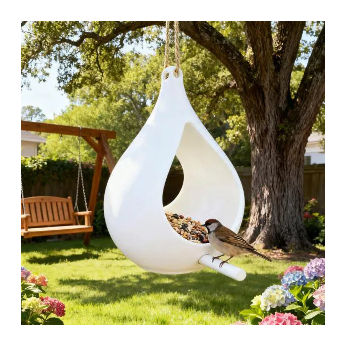 Hängender Vogelfutterspender in Tropfenform mit Sitzstange für Garten und Balkon in Obsidian Grün - Bild 3