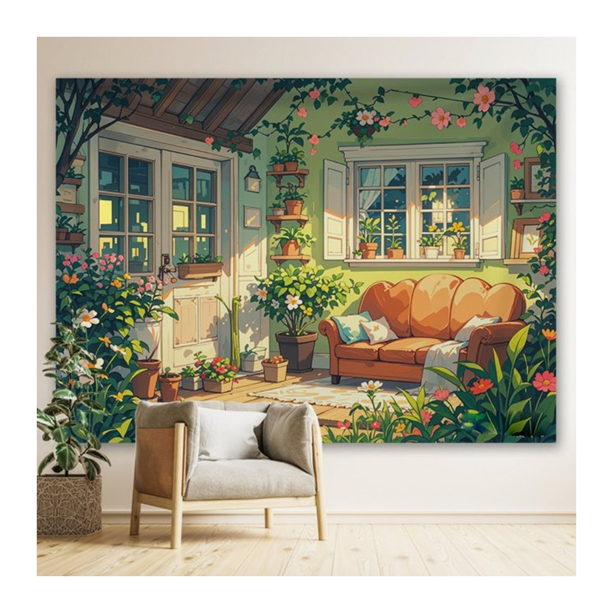 Hängender Wandstoff im Landhausstil mit floralem Muster, mehrfarbig, B/H: 60 x 60 cm - Bild 1