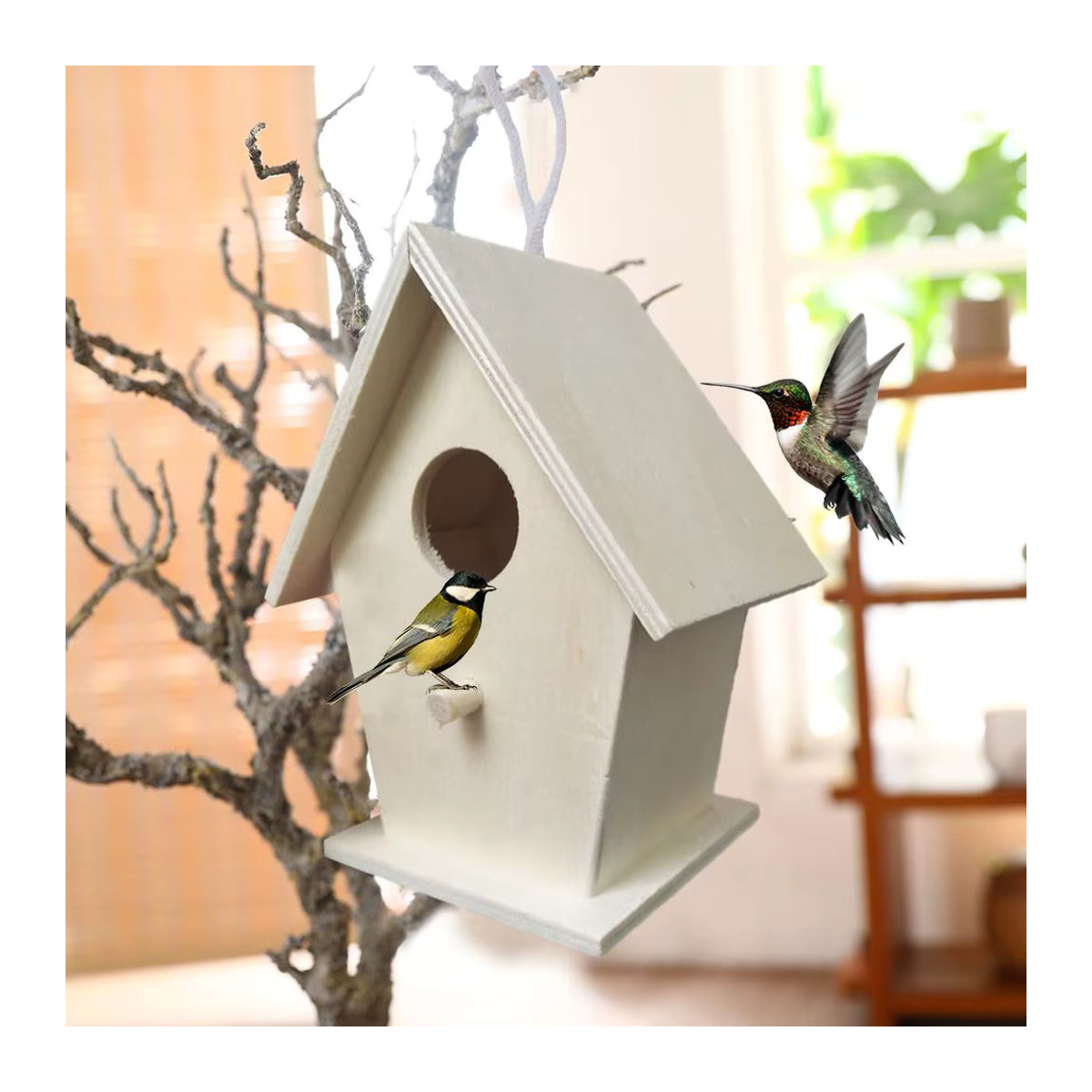 Hängendes DIY-Vogelhäuschen aus Holz in Natur, unbemalt für deinen Innengarten - Bild 3