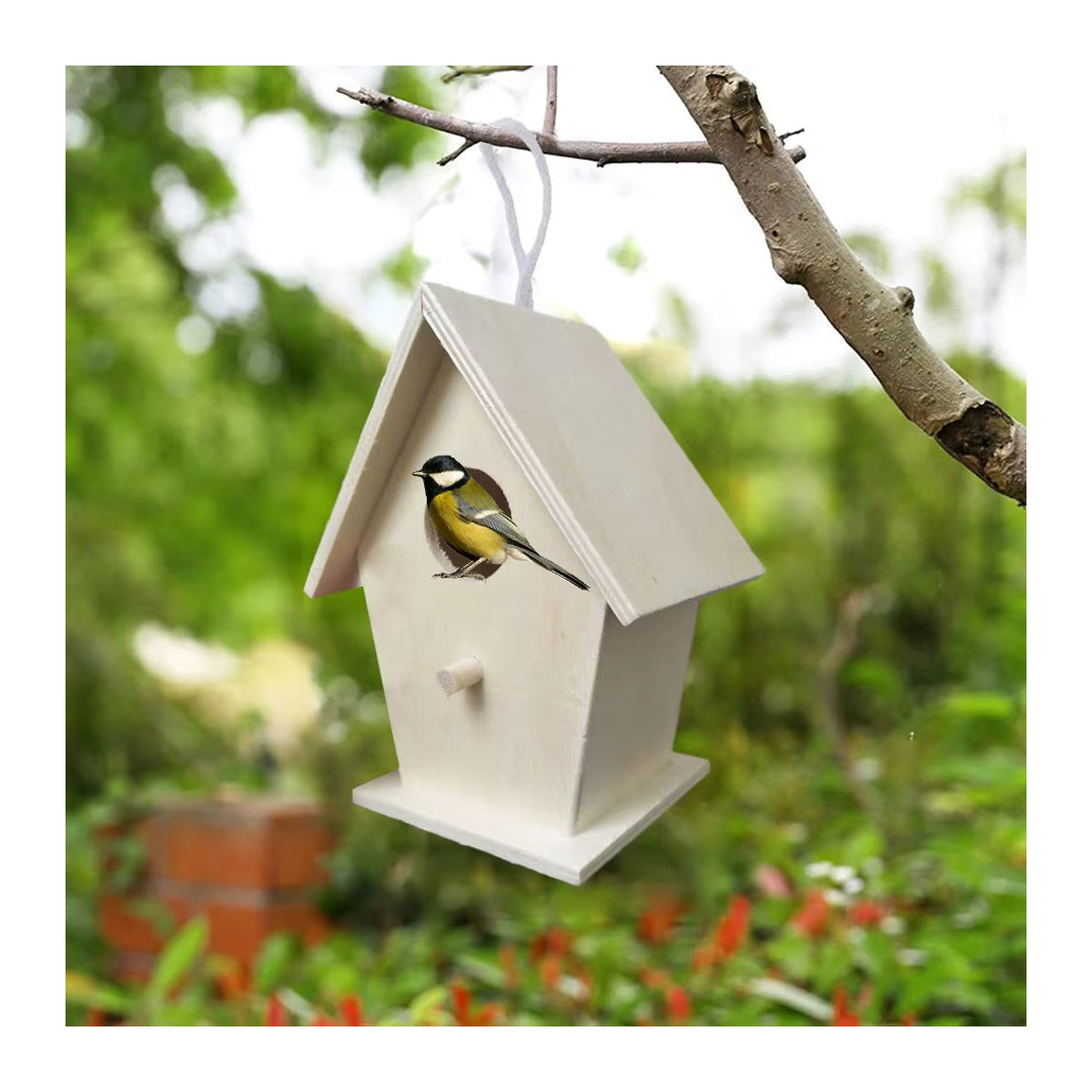 Hängendes DIY-Vogelhäuschen aus Holz in Natur, unbemalt für deinen Innengarten - Bild 4