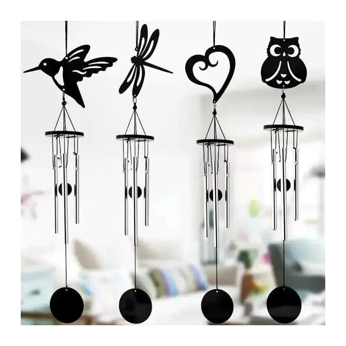 Hängendes Metall-Windspiel in Schwarz mit Mond- und Tier-Motiven als kreative Heimdekoration - Bild 5