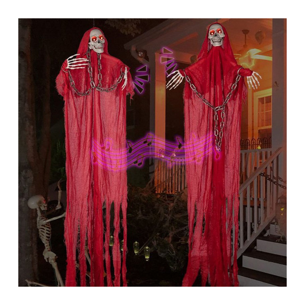 Hängendes Sensenmann-Skelett als wasserdichte Halloween-Dekoration mit Leuchteffekt in Rot - Bild 1
