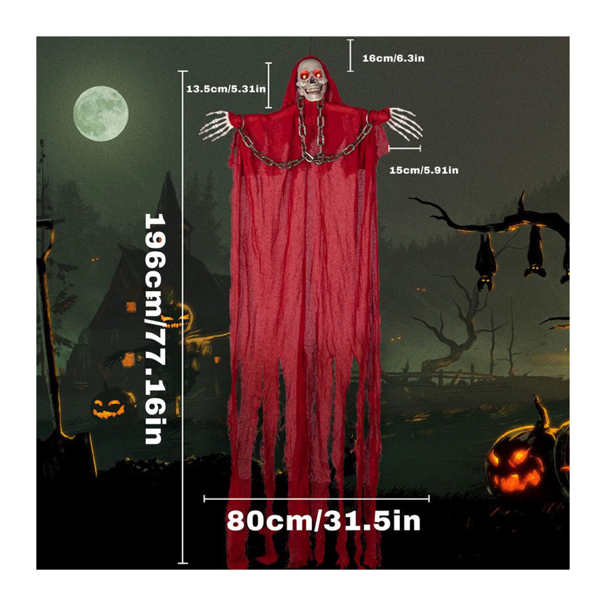 Hängendes Sensenmann-Skelett als wasserdichte Halloween-Dekoration mit Leuchteffekt in Rot - Bild 3