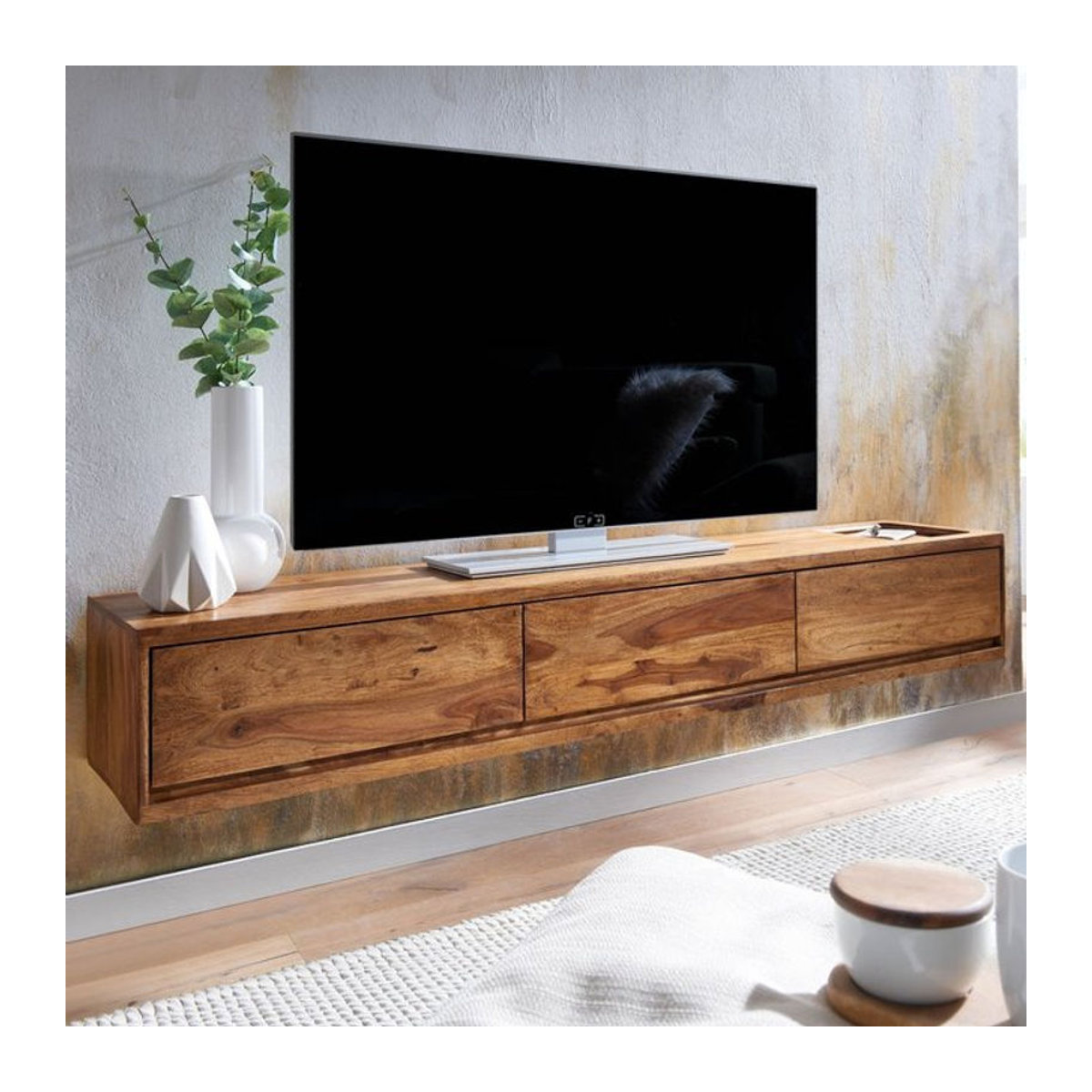 Hängendes TV-Lowboard Finebuy aus Massivholz in Braun mit 3 Schubladen, Breite: 160 cm - Bild 1
