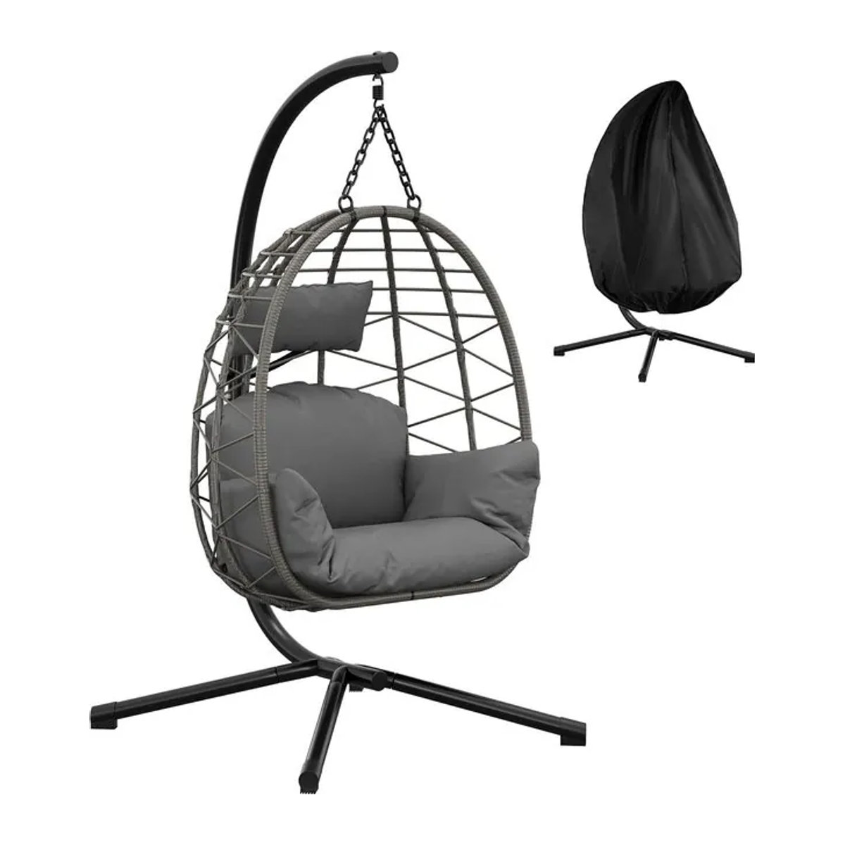 Hängesessel mit Metallgestell und Schutzhülle in Grau, moderner Rattan-Schaukelstuhl für Innen und Außen mit 130kg Tragkraft - Bild 1