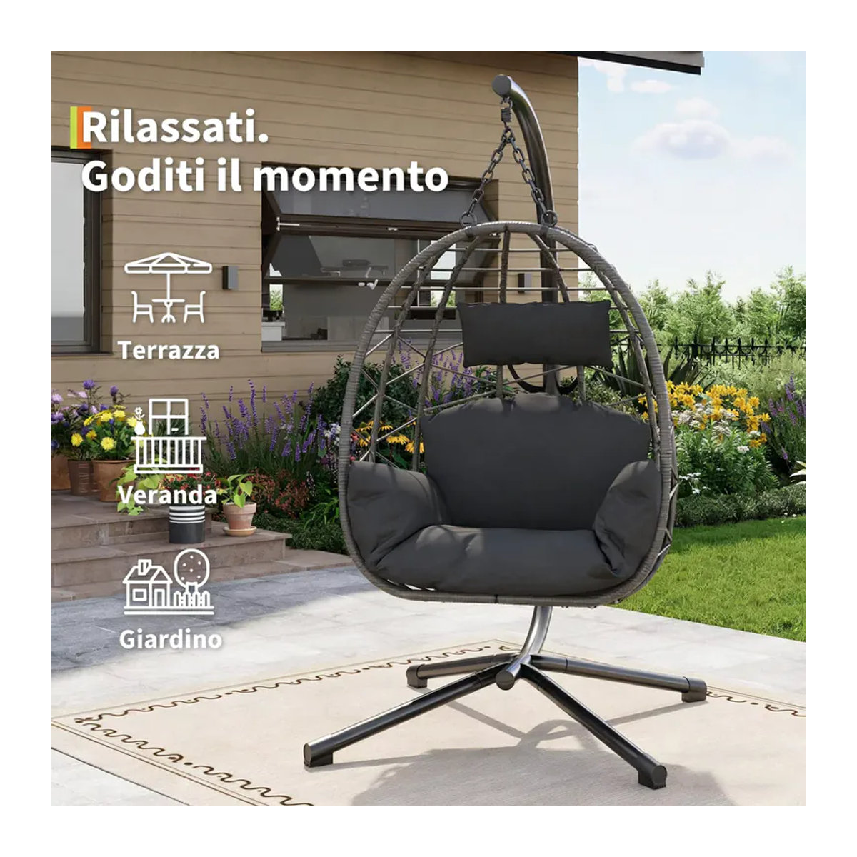 Hängesessel mit Metallgestell und Schutzhülle in Grau, moderner Rattan-Schaukelstuhl für Innen und Außen mit 130kg Tragkraft - Bild 2