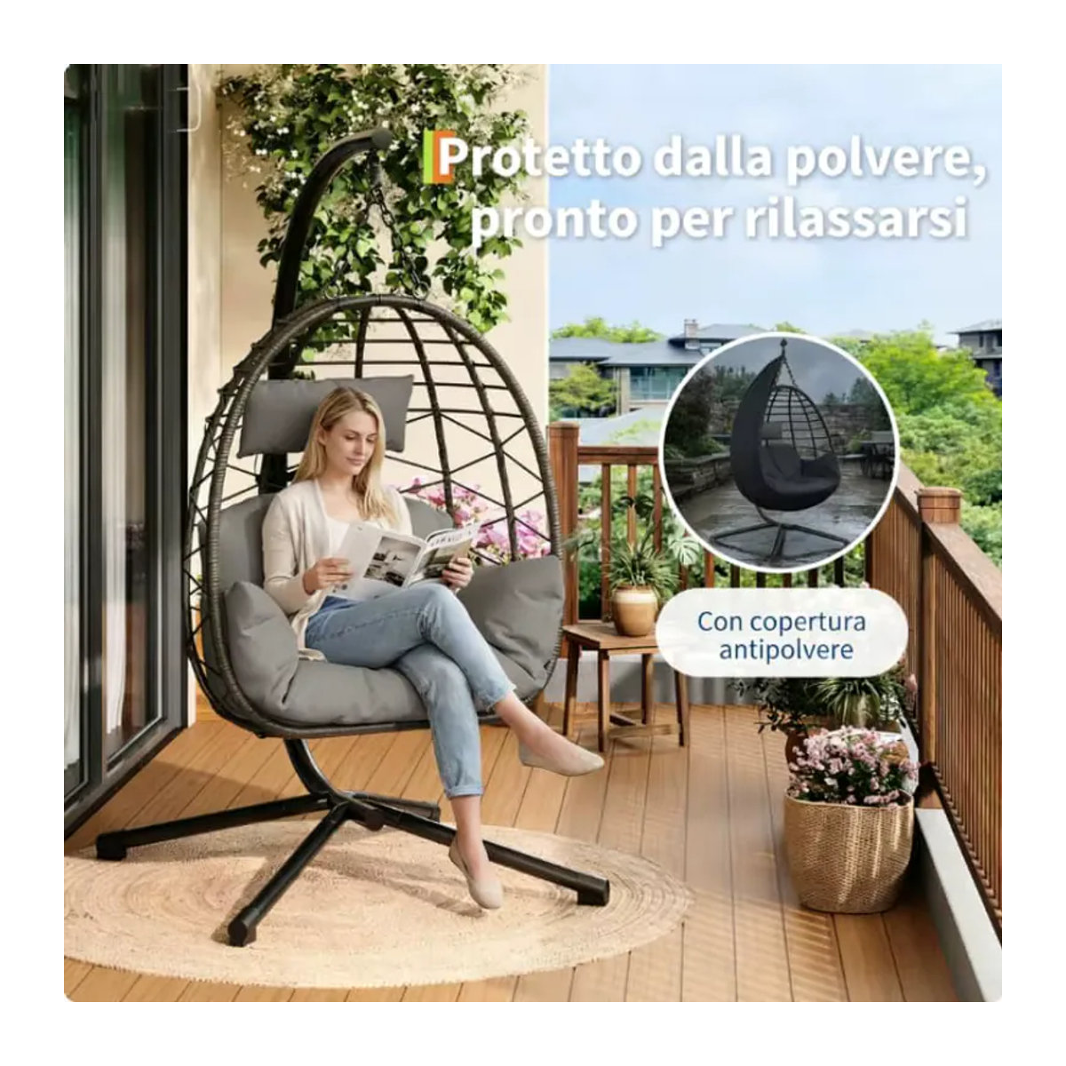 Hängesessel mit Metallgestell und Schutzhülle in Grau, moderner Rattan-Schaukelstuhl für Innen und Außen mit 130kg Tragkraft - Bild 3