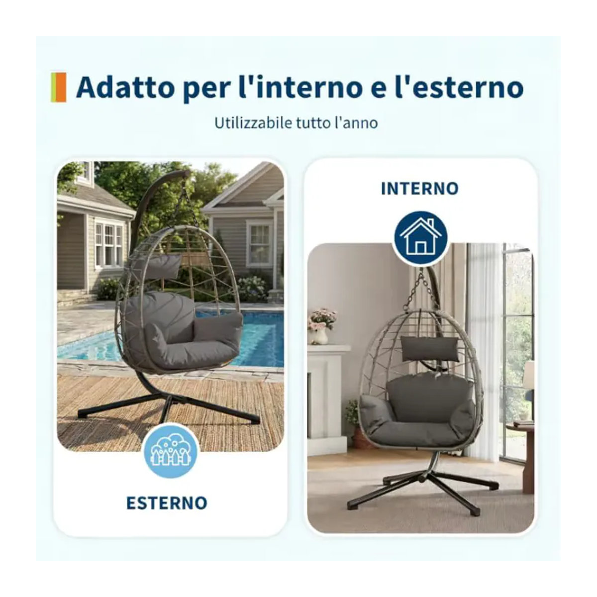 Hängesessel mit Metallgestell und Schutzhülle in Grau, moderner Rattan-Schaukelstuhl für Innen und Außen mit 130kg Tragkraft - Bild 4