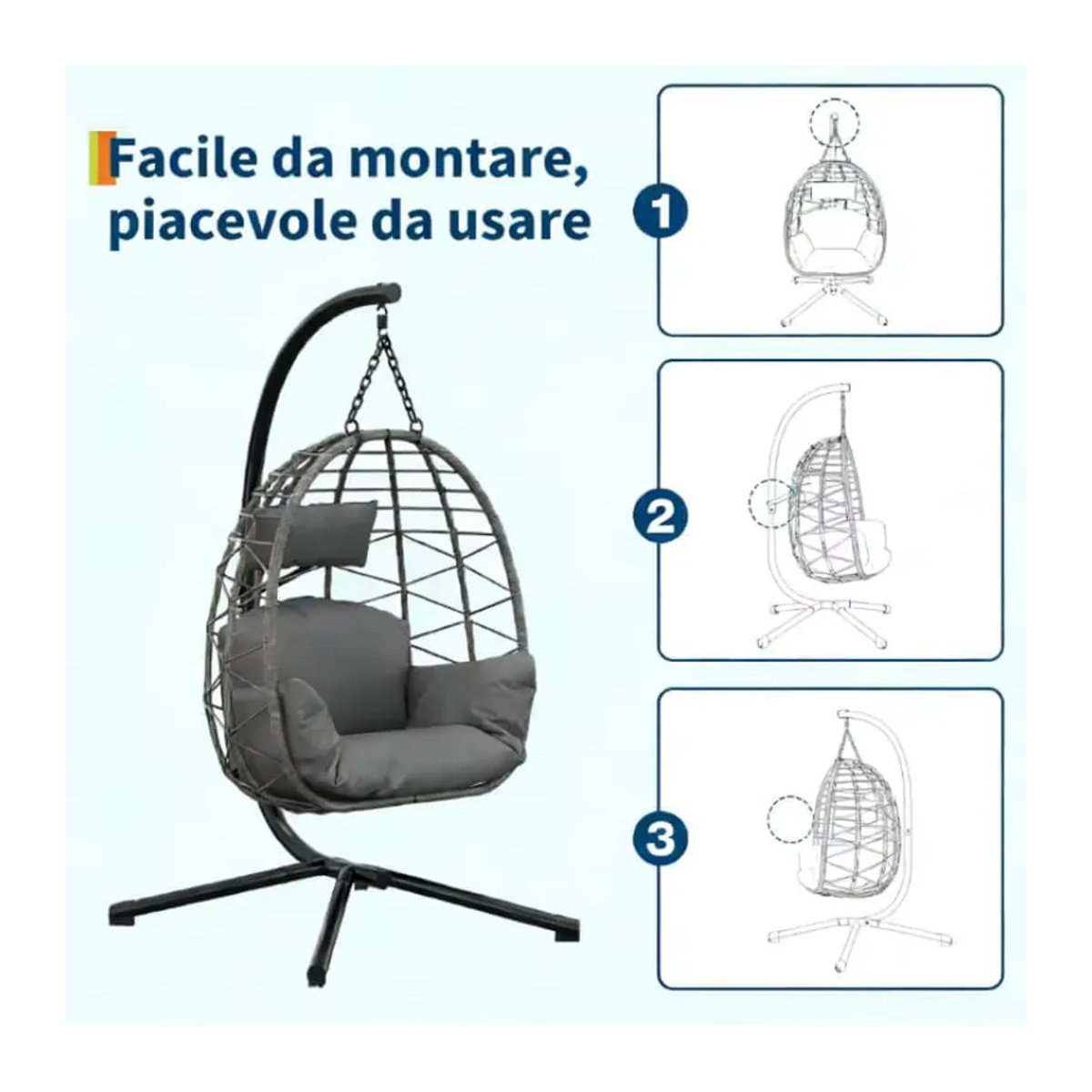 Hängesessel mit Metallgestell und Schutzhülle in Grau, moderner Rattan-Schaukelstuhl für Innen und Außen mit 130kg Tragkraft - Bild 5
