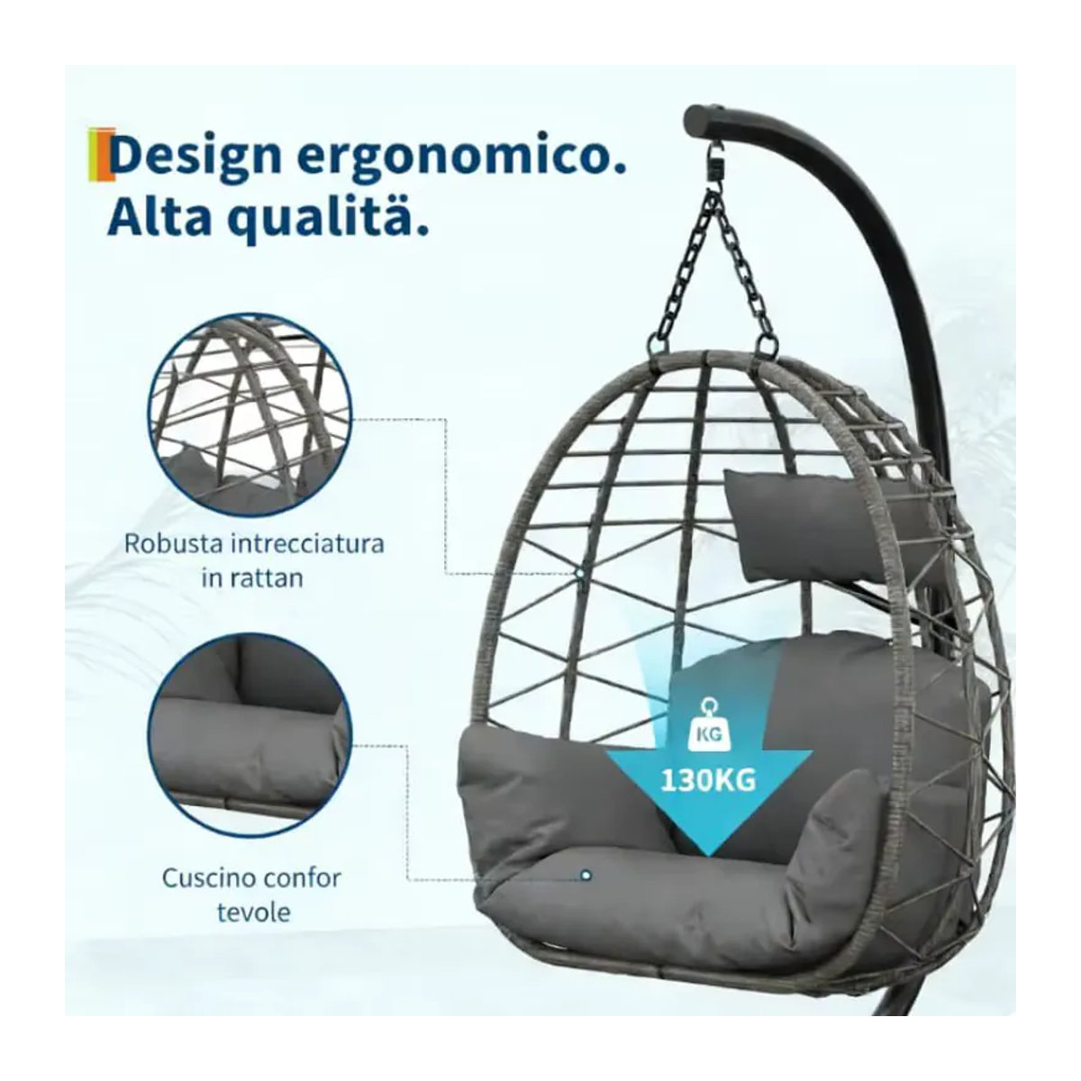 Hängesessel mit Metallgestell und Schutzhülle in Grau, moderner Rattan-Schaukelstuhl für Innen und Außen mit 130kg Tragkraft - Bild 6