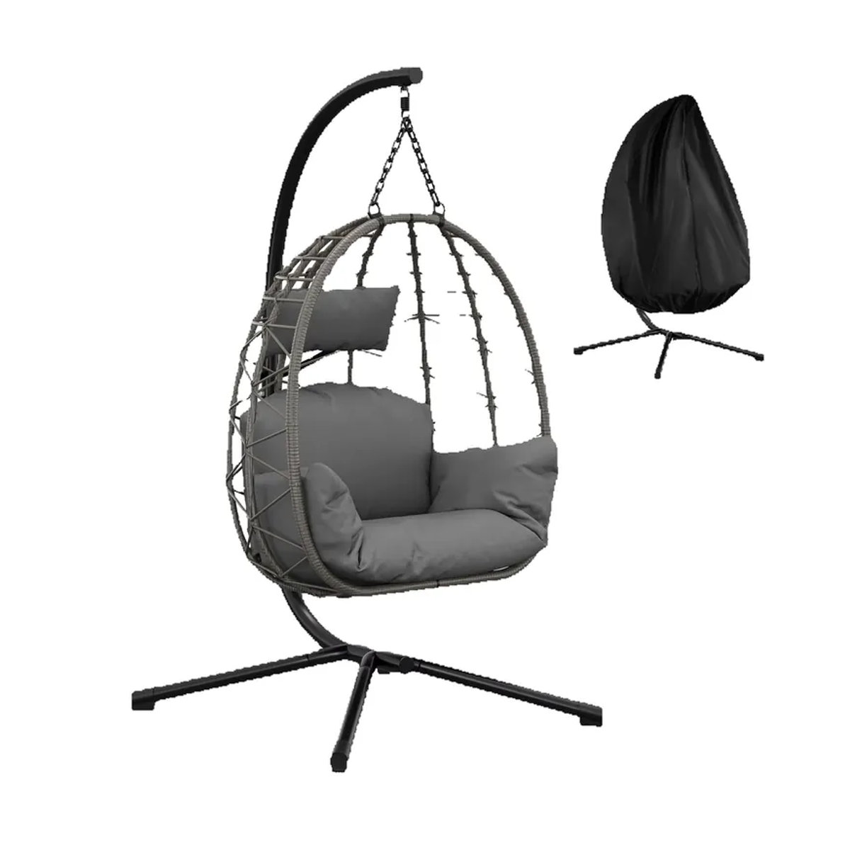 Hängesessel mit Metallgestell und Schutzhülle in Grau, moderner Rattan-Schaukelstuhl für Innen und Außen mit 130kg Tragkraft - Bild 7