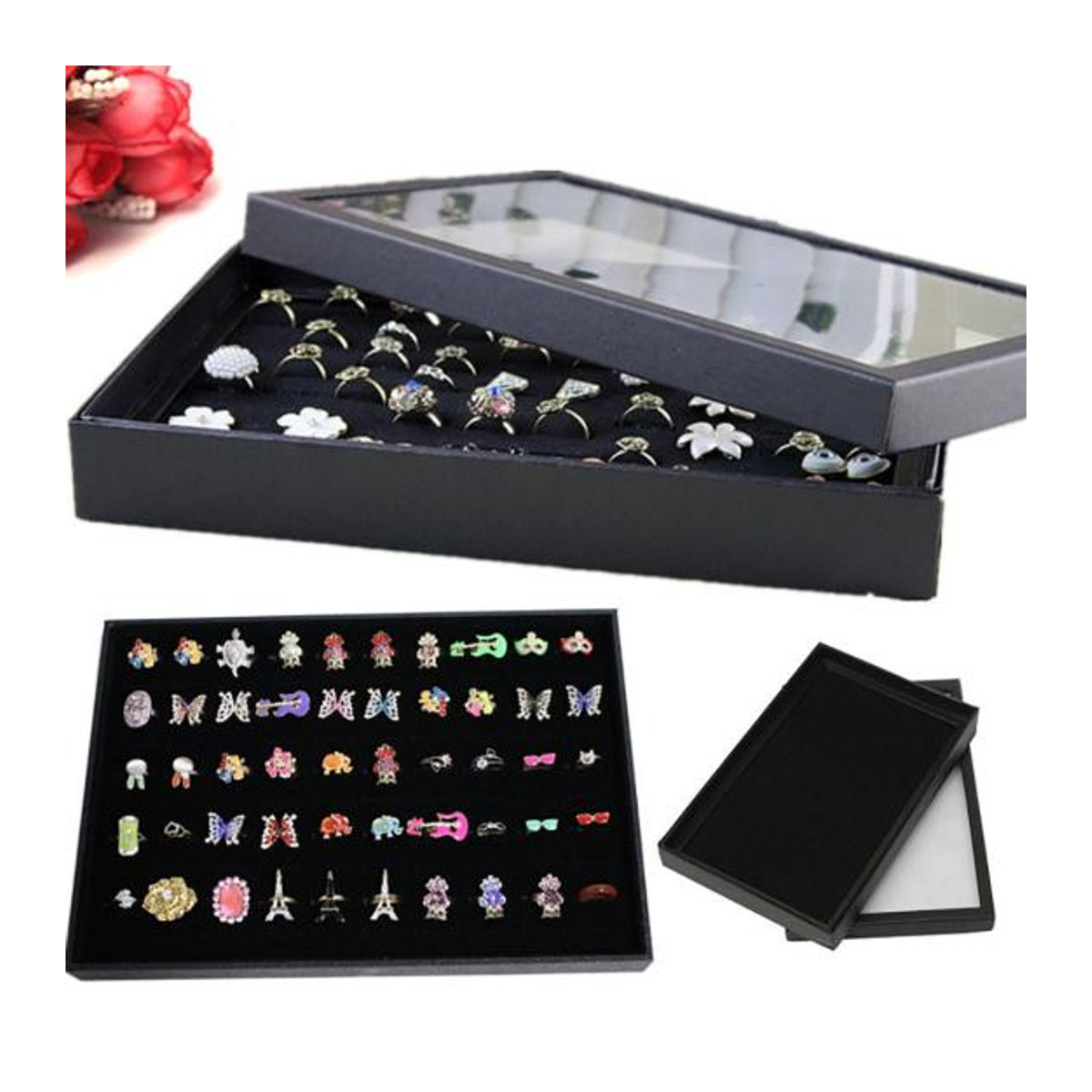 HaoYunLai Schmuck-Organizer mit 100 Fächern für Ringe als Vitrine und Display-Tablett in Schwarz - Bild 2