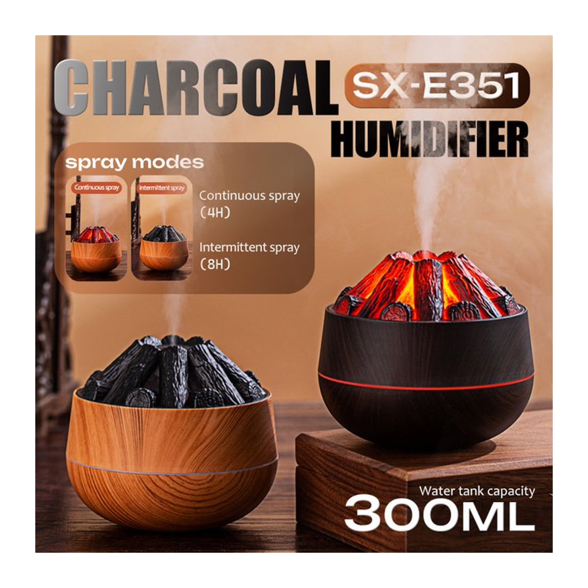HAOYUNMA Aroma Diffusor mit künstlicher Holzkohle-Feuer Optik, 300 ml Mini Luftbefeuchter und Nachtlicht, braun/mehrfarbig - Bild 1