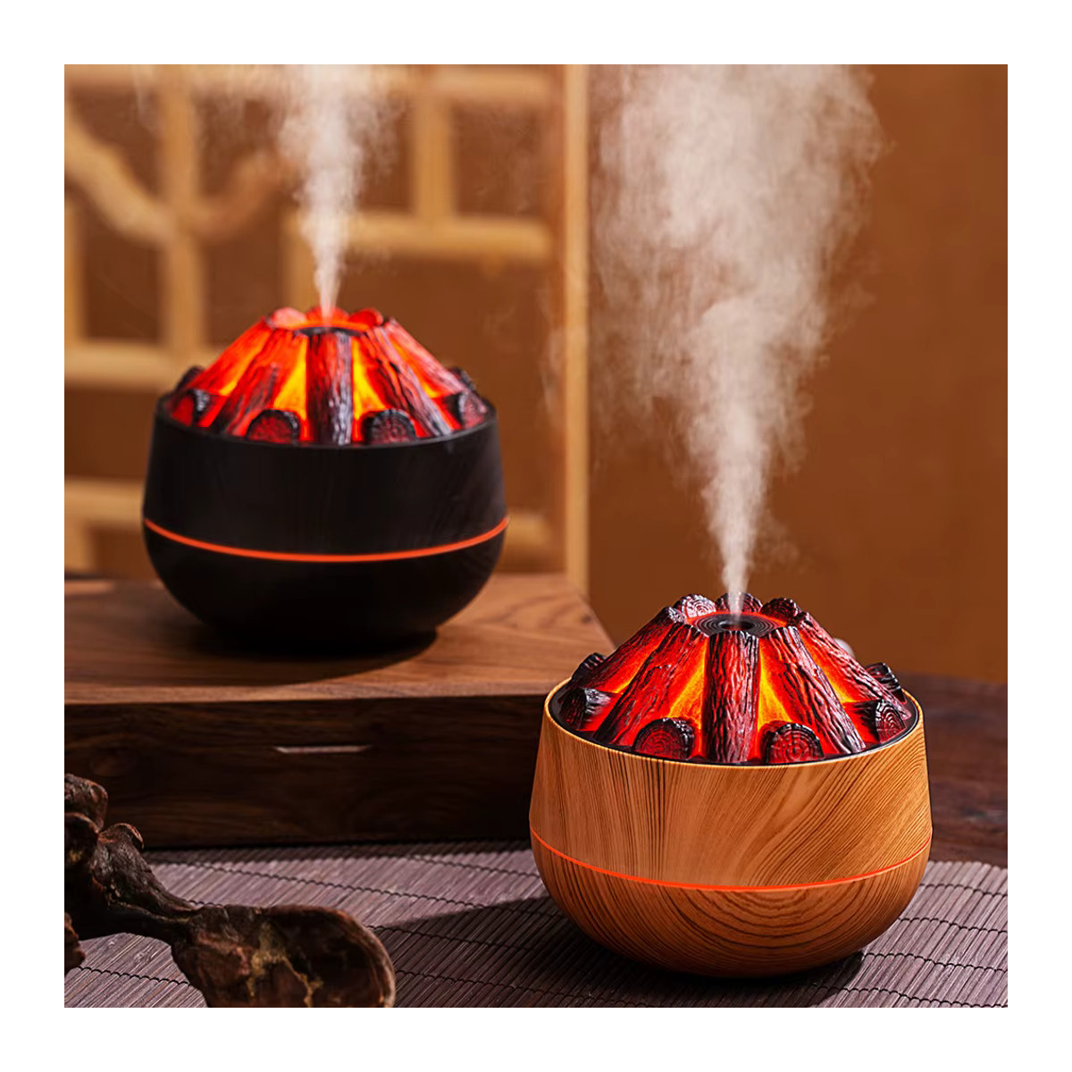 HAOYUNMA Aroma Diffusor mit künstlicher Holzkohle-Feuer Optik, 300 ml Mini Luftbefeuchter und Nachtlicht, braun/mehrfarbig - Bild 2