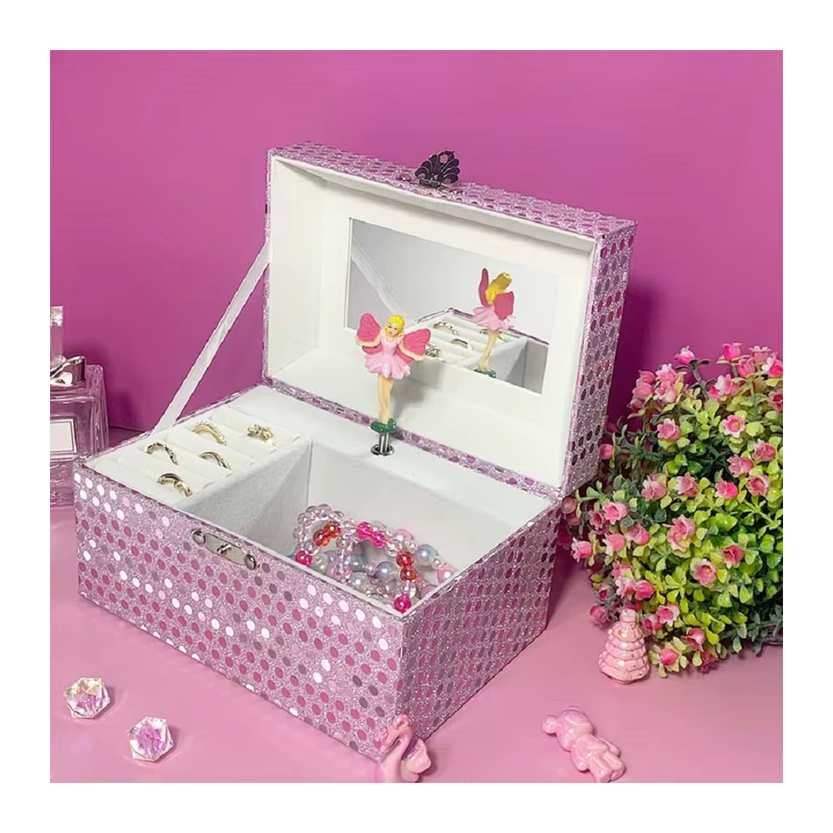 Hapinest Musikalische Schmuckschatulle für Mädchen mit Spieluhr und drehbarer Figur in Pink und Silber - Bild 3
