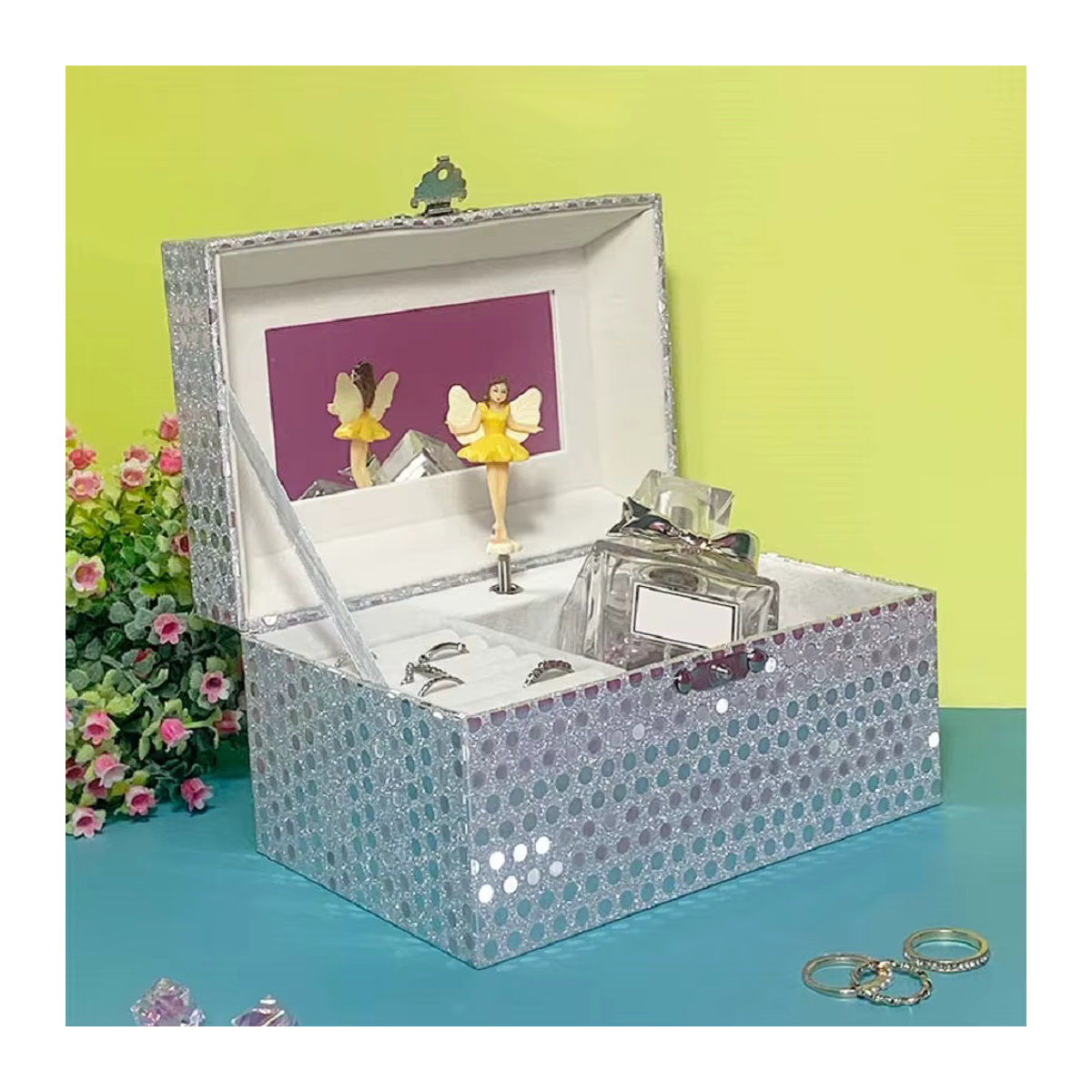 Hapinest Musikalische Schmuckschatulle für Mädchen mit Spieluhr und drehbarer Figur in Pink und Silber - Bild 4
