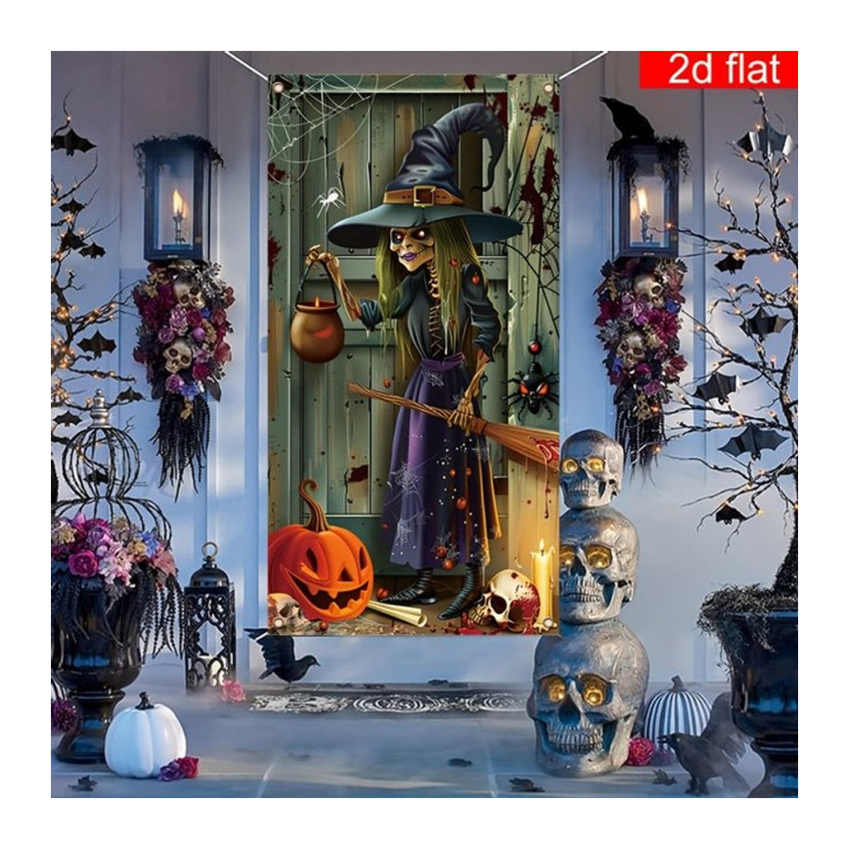 Happy Halloween 2D-Flachbanner aus Textil in Mehrfarbig mit Hexen-Motiv, B: 180 cm, H: 90 cm - Bild 1