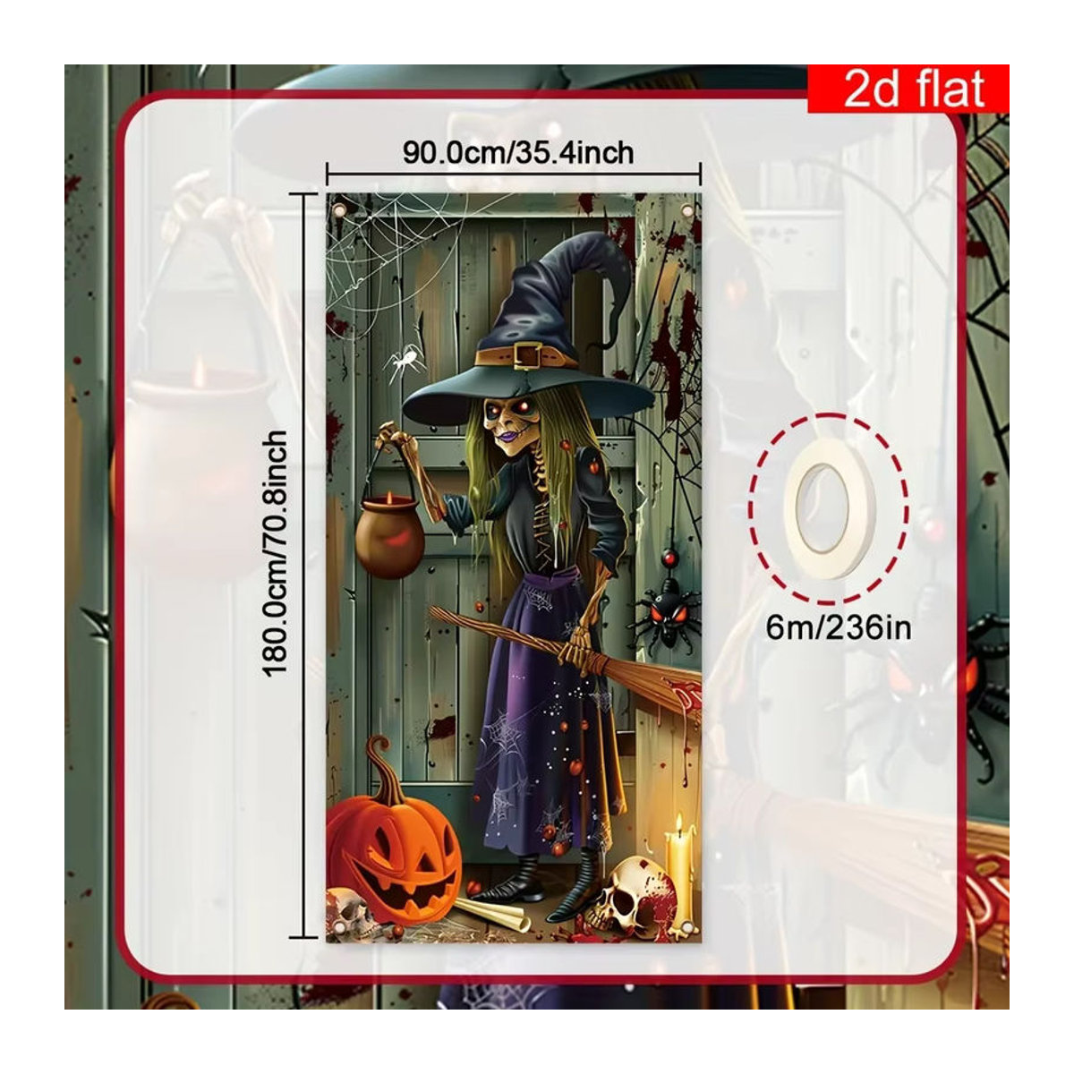 Happy Halloween 2D-Flachbanner aus Textil in Mehrfarbig mit Hexen-Motiv, B: 180 cm, H: 90 cm - Bild 2