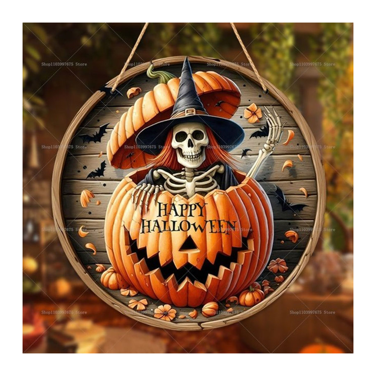 Happy Halloween Holzschild rund mit Skelett und Kürbisgeist als hängender Wandbehang für deine Heimdekoration, mehrfarbig - Bild 1