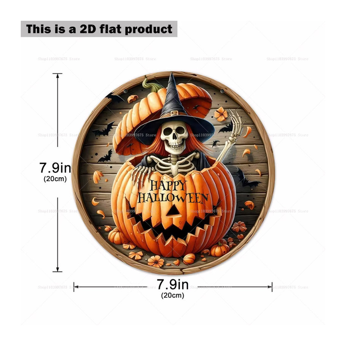 Happy Halloween Holzschild rund mit Skelett und Kürbisgeist als hängender Wandbehang für deine Heimdekoration, mehrfarbig - Bild 2