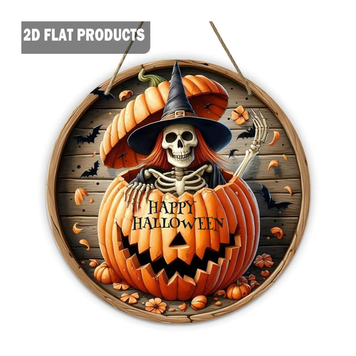 Happy Halloween Holzschild rund mit Skelett und Kürbisgeist als hängender Wandbehang für deine Heimdekoration, mehrfarbig - Bild 3