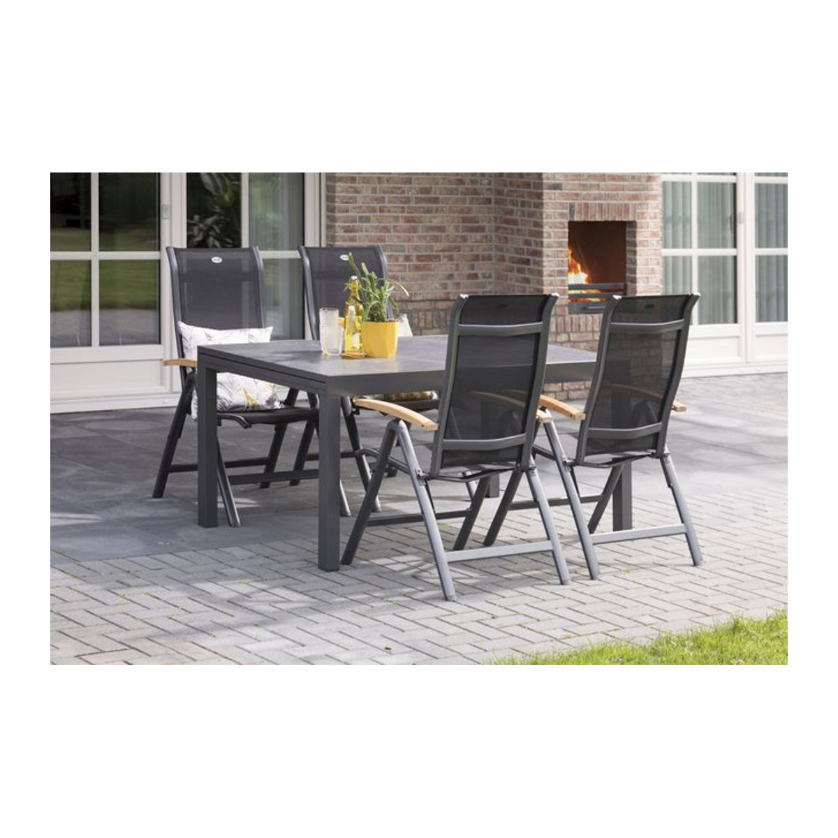 Hartman Alice Garten-Essgruppe aus Alu und Teak in Xerix/Natur mit 4 Textilen und 4 Hochlehnern, B/T/H: 260 x 160 x 90 cm - Bild 1