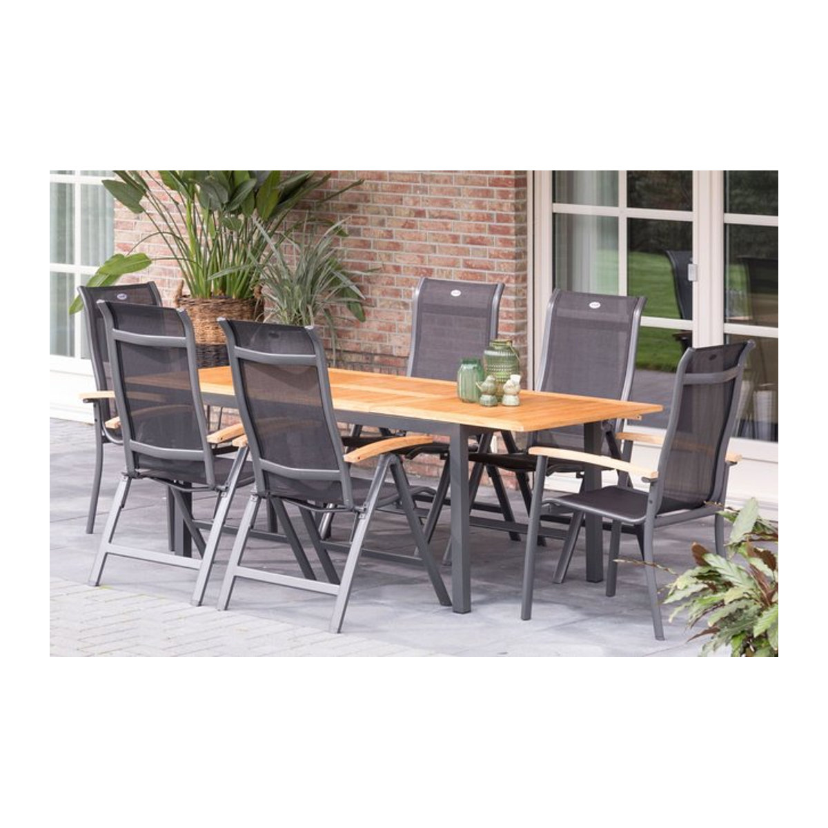 Hartman Alice Garten-Essgruppe aus Alu und Teak in Xerix/Natur mit Ausziehtisch, 4 Klappstühlen und 2 Stapelsesseln, B/T/H: 210 x 90 x 73,5 cm - Bild 1