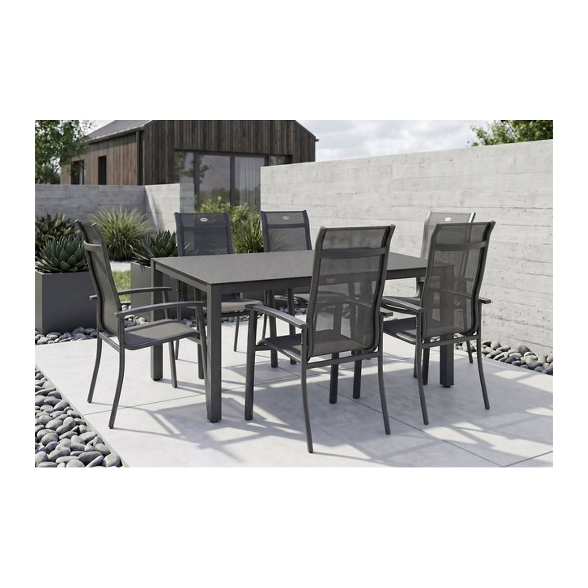 Hartman Alice Garten-Essgruppe in Anthrazit und Schwarz mit 6 Stapelsesseln aus Aluminium und Textil, B: 160 cm, T: 95 cm - Bild 1