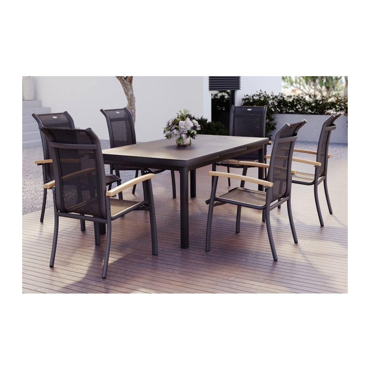 Hartman Alice Garten-Essgruppe in Xerix, bestehend aus einem Tisch und 6 Stapelsesseln, Farbe Anthrazit/Grau/Schwarz, Tisch B: 180 bis 240 cm, B: 100 cm - Bild 1
