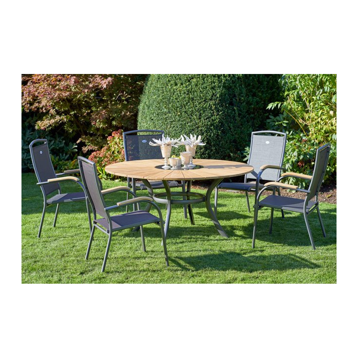 Hartman Provence Raffaelo Garten-Essgruppe aus Aluminium und Teakholz in Anthrazit und Natur mit 5 Stapelsesseln und Eiskühler, Durchmesser: 150 cm - Bild 1