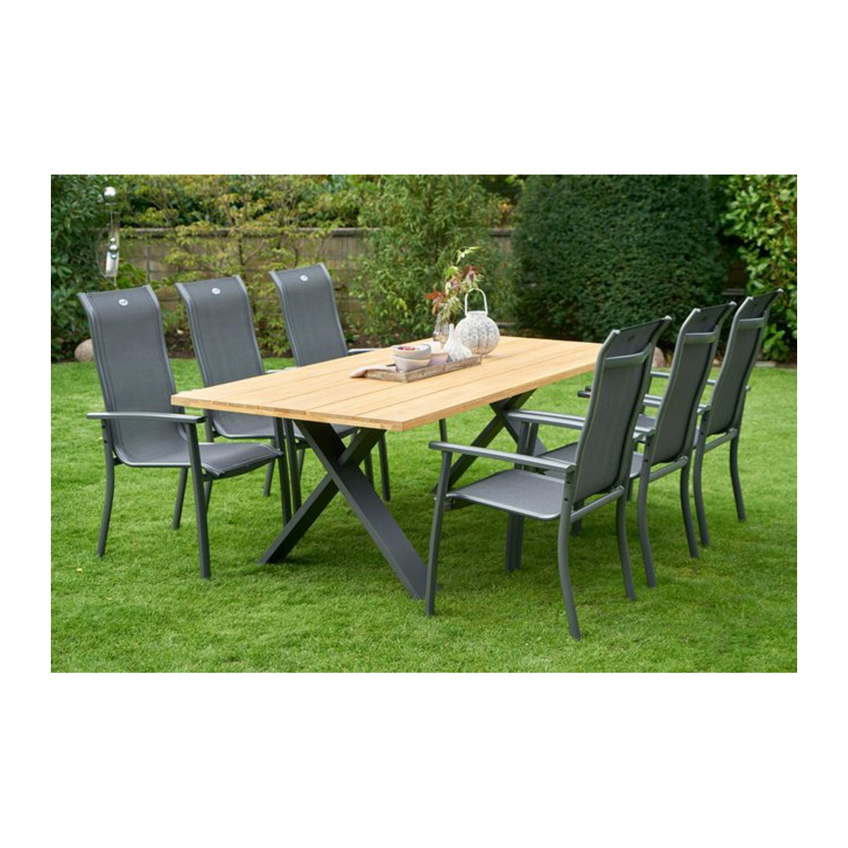 Hartman Xanadu Alice Comfort Garten-Essgruppe aus Aluminium und Teakholz in Anthrazit und Grau, Set bestehend aus 1 Tisch und 6 Stapelsesseln, Tisch B: 220 cm, T: 100 cm - Bild 1