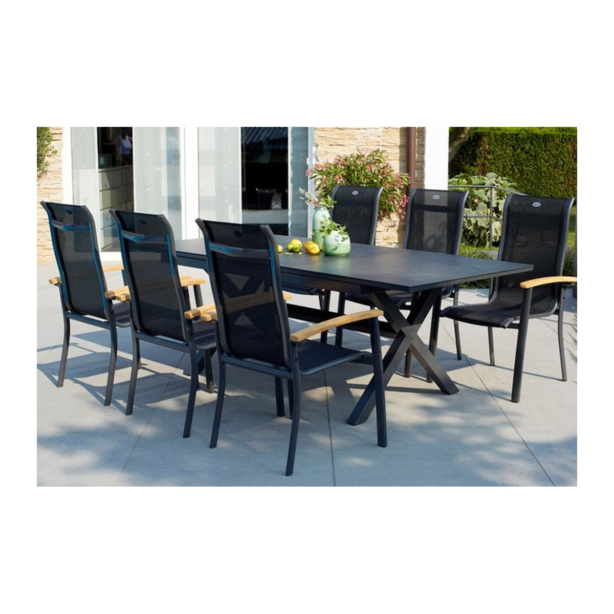 Hartman Xanadu Alice Garten-Essgruppe in Anthrazit und Natur mit 6 Dining Sesseln und Tisch aus Aluminium, Teak und Glaskeramik - Bild 1