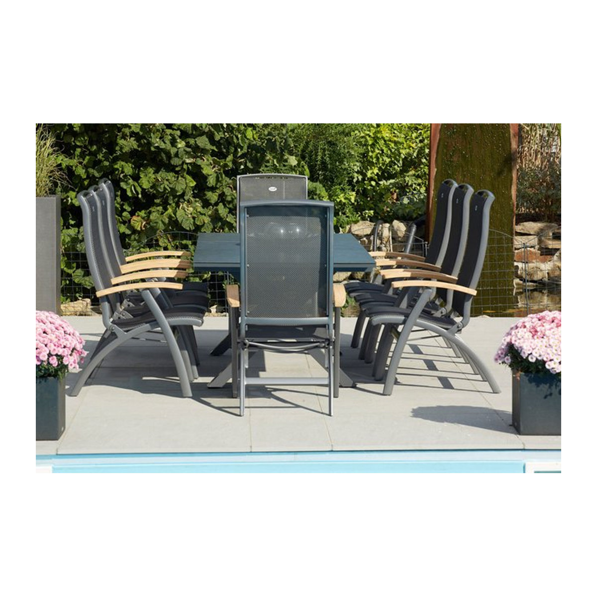 Hartman Xanadu da Vinci Garten-Essgruppe in Xerix/Natur aus Alu, Teak und Glaskeramik mit 8 Klappstühlen und Teak-Armlehnen, B/T/H: 220 x 100 cm (erweiterbar auf 160 cm) - Bild 1