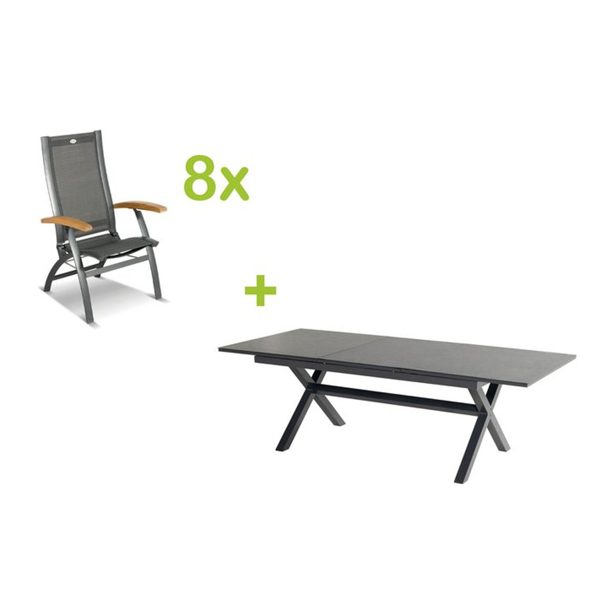 Hartman Xanadu Primo Garten-Essgruppe in Anthrazit und Schwarz mit 8 Klappstühlen, Aluminium, Textilene und Glaskeramik, Tisch mit Ausziehfunktion, B/T: 160 x 100 cm bis 220 x 100 cm - Bild 1