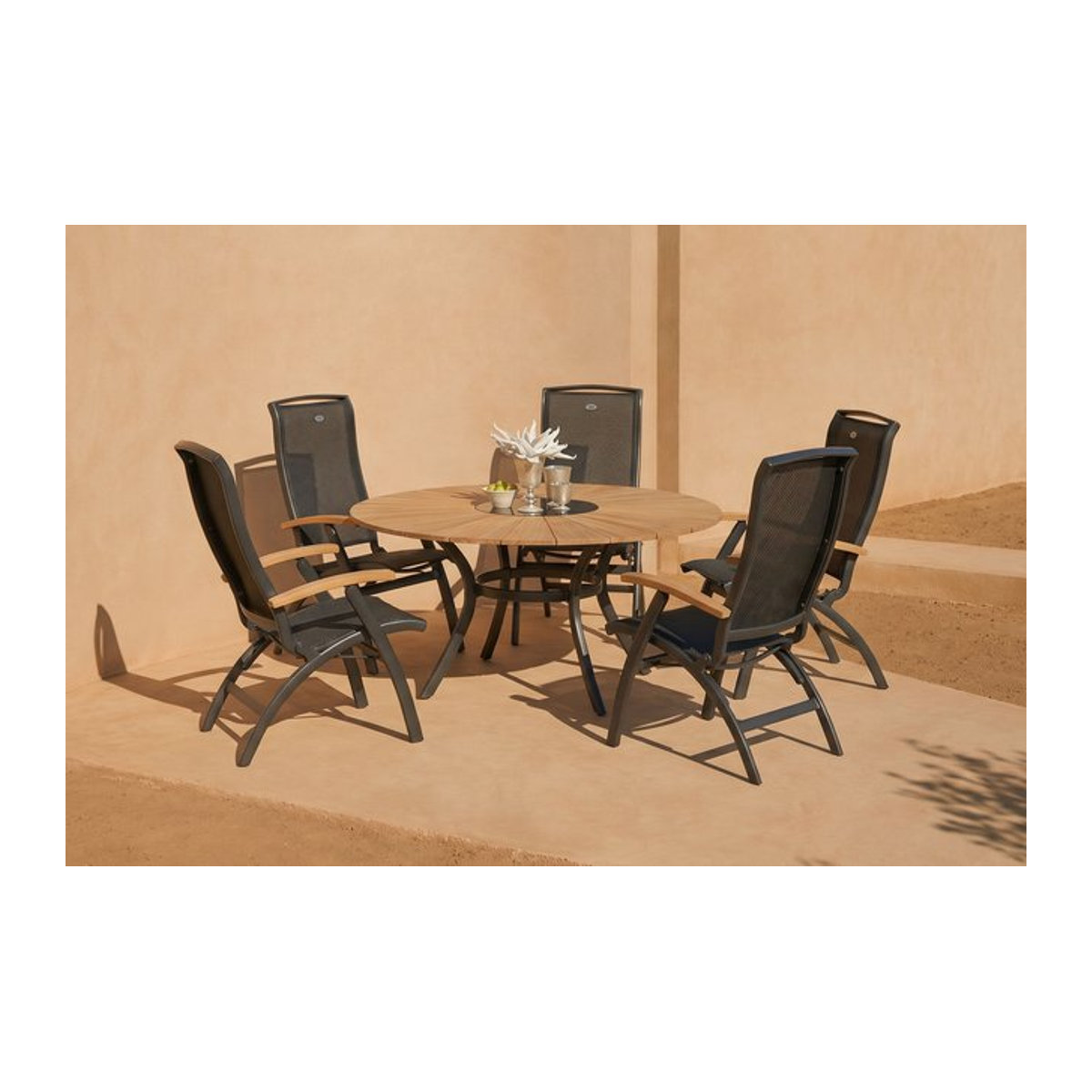 Hartmann Provence Da Vinci Garten-Essgruppe aus Alu und Teakholz in Xerix/Anthrazit mit 5 Klappstühlen und Eiskühler, Durchmesser: 150 cm - Bild 1