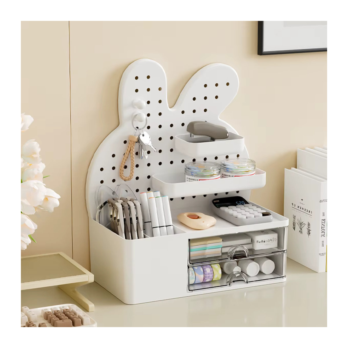 Hasenförmige DIY-Desktop-Aufbewahrungsbox aus Kunststoff mit Lochbrett, Schubladen und 2 Haken, Weiß - Bild 1