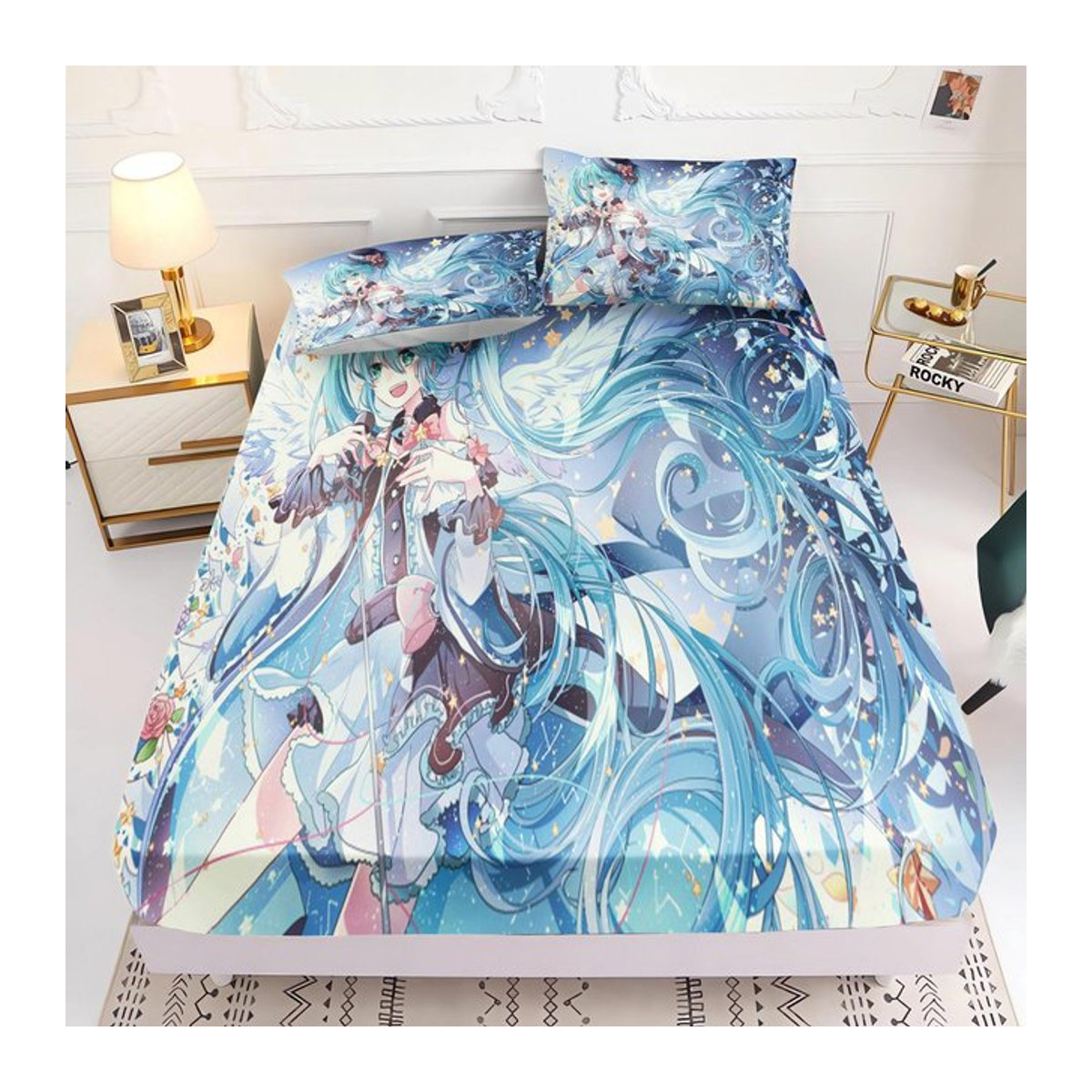 Hatsune Miku Bettwäsche-Set mit Spannbettlaken in Blau, 3D Anime Kinderbettwäsche Komplettset, B/T/H: 106 x 190 x 25 cm - Bild 1