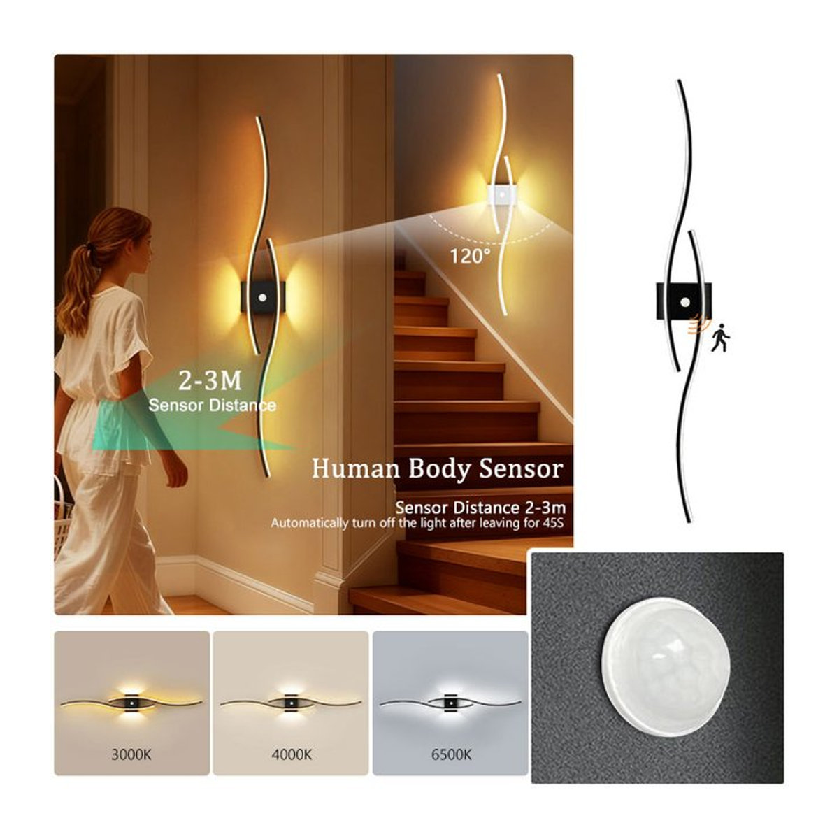 HAULVANG LED Wandleuchte mit PIR-Bewegungsmelder im skandinavischen Design für Küche und Flur, Schwarz/Weiß - Bild 1