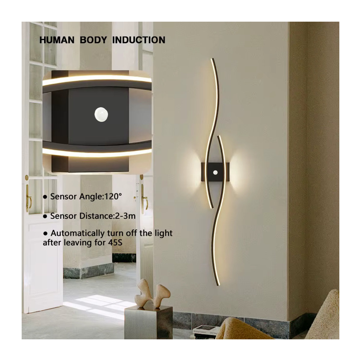 HAULVANG LED Wandleuchte mit PIR-Bewegungsmelder im skandinavischen Design für Küche und Flur, Schwarz/Weiß - Bild 4