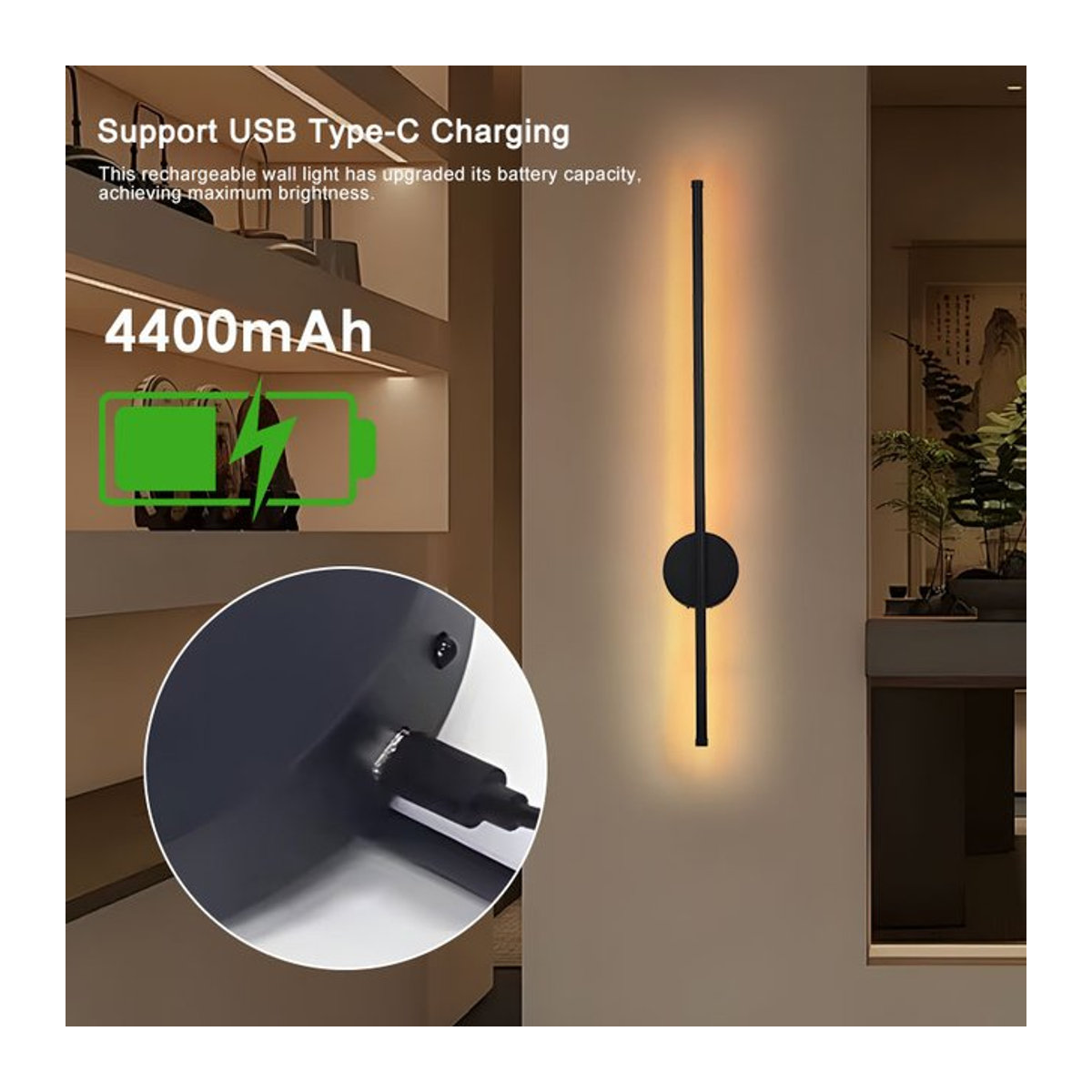 HAULVANG LED Wandleuchte Schwarz aus Aluminium mit Touch-Schalter, dimmbar und 3 CCT-Farbtemperaturen, kabellos und batteriebetrieben mit USB-Typ-C-Ladefunktion - Bild 1