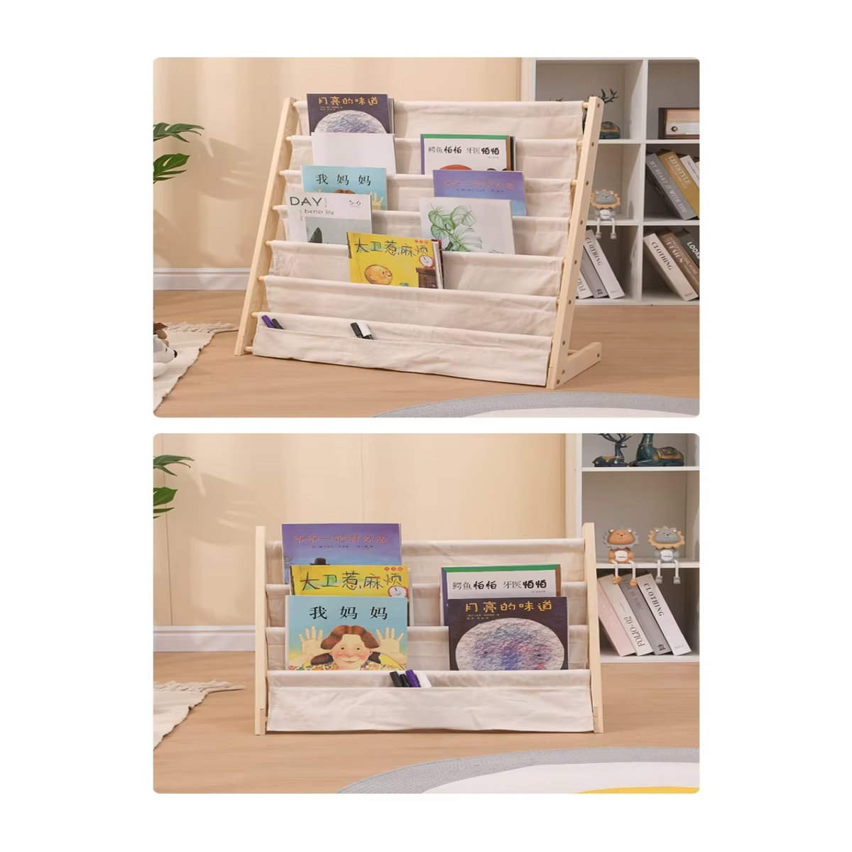 Hause Kinder Bücherregal aus Massivholz in Beige und Weiß, skandinavischer Bilderbuch Organizer für Kinderzimmer, freistehend und minimalistisch - Bild 2