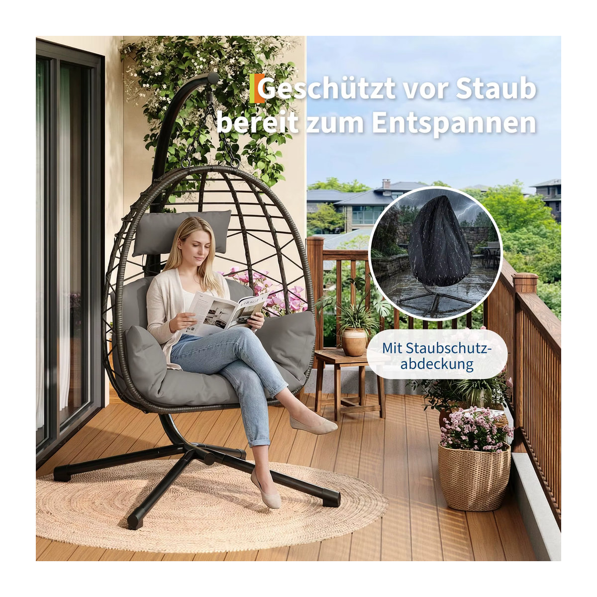 HAUSPROFI Hängesessel aus Polyrattan mit Ständer und wetterfestem Kissen in Grau für Garten, Balkon und Terrasse - Bild 2