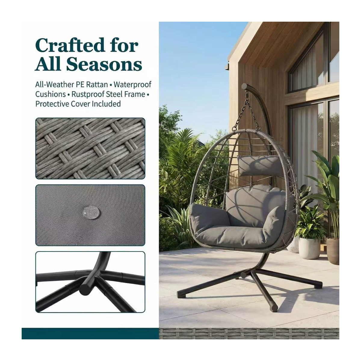 HAUSPROFI Hängesessel aus Polyrattan mit Ständer und wetterfestem Kissen in Grau für Garten, Balkon und Terrasse - Bild 3