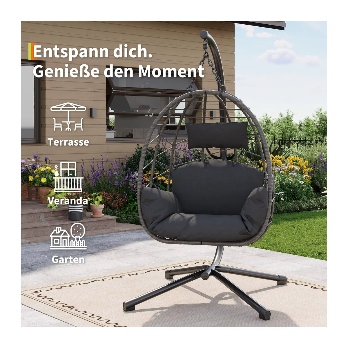 HAUSPROFI Hängesessel aus Polyrattan mit Ständer und wetterfestem Kissen in Grau für Garten, Balkon und Terrasse - Bild 4